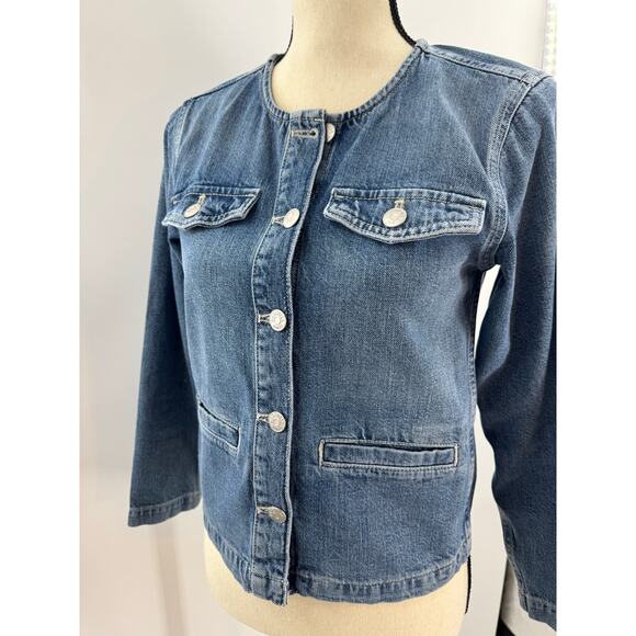 Madewell Denim Crop Jacket Band Collar Blue Jean Chambray Top XS NEW - Picture 3 of 11
